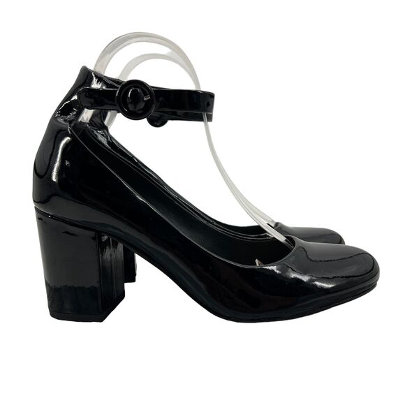 Splendid Womens 8 Pumps Black Patent Leather Ankle Strap Mid Block Heel Shoes - Picture 1 of 11